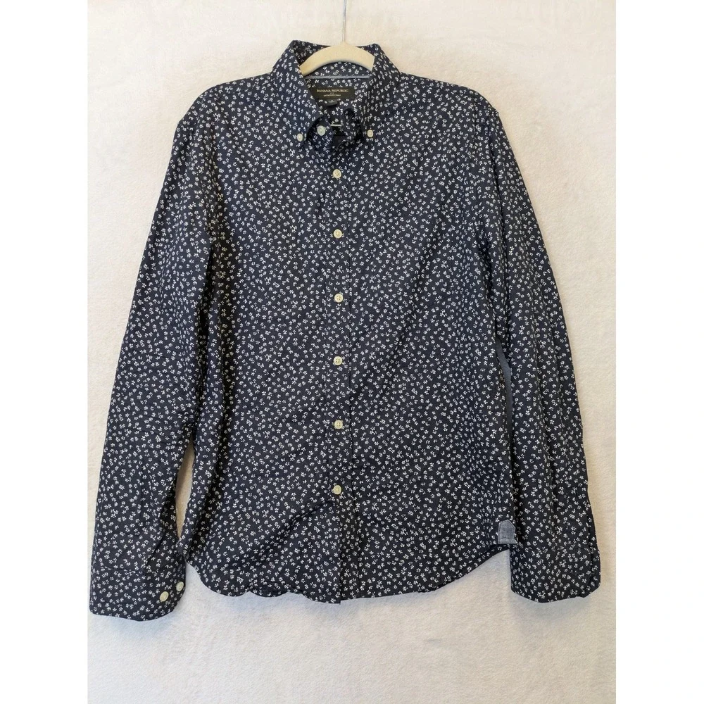 Banana Republic Men's Size S Navy Blue Untucked Shirt White Floral Pattern